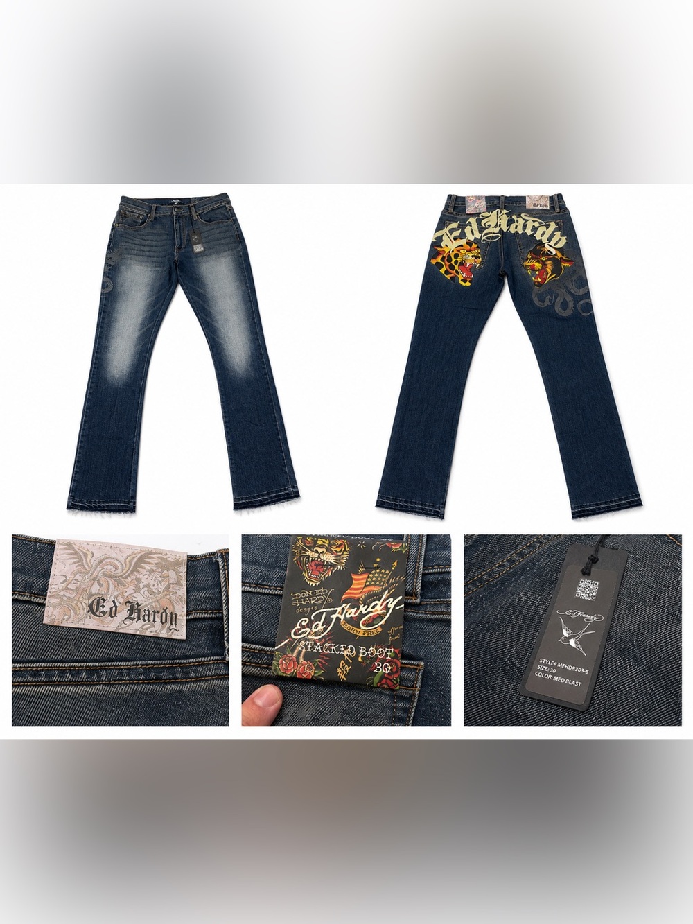Ed Hardy Men’s Dark Blue Graphic Back Pocket Jeans